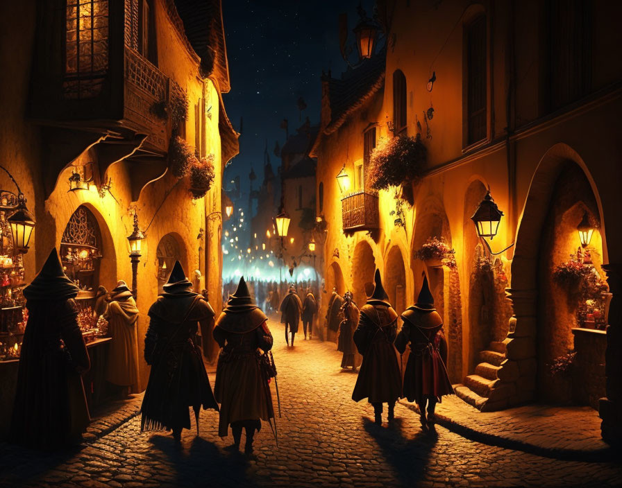 Cloaked figures in medieval street at night with lanterns & starry skies