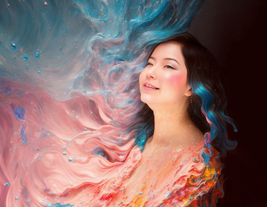 Serene woman with blue-streaked hair in vibrant, swirling colors