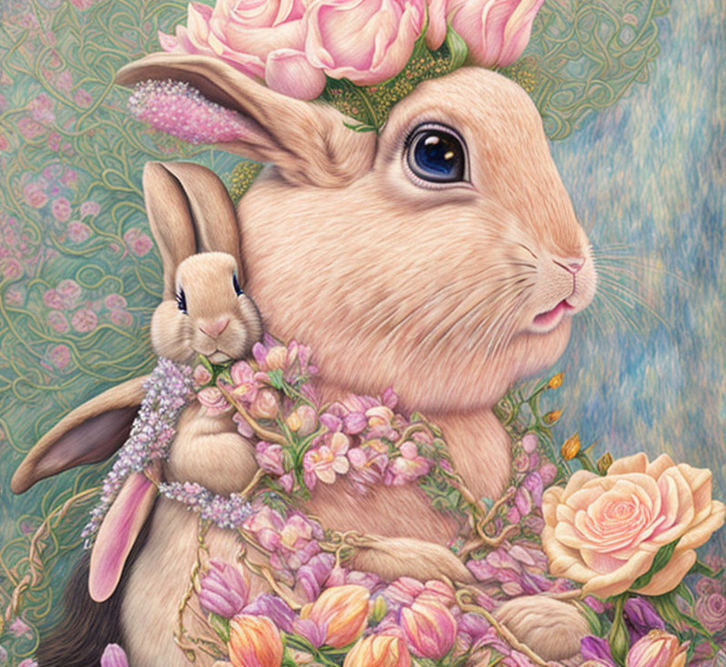 Illustration of two rabbits in floral setting