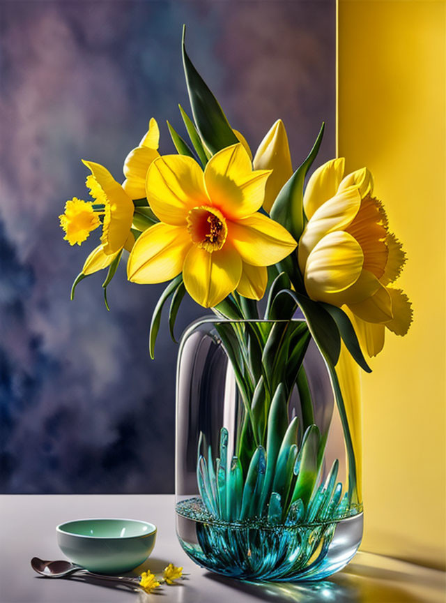 Yellow Daffodils and Tulips in Clear Vase on Dual-Toned Background
