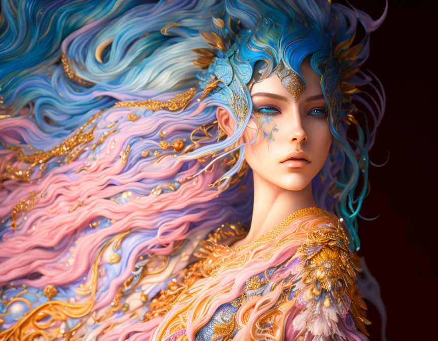 Vibrant blue and pink hair with gold ornaments and detailed headdress portrait