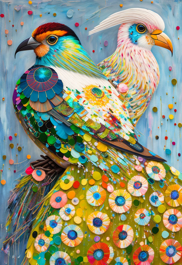 Vibrant artwork featuring stylized birds with intricate patterns