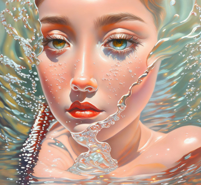 Stylized portrait of young woman with striking eyes submerged in water