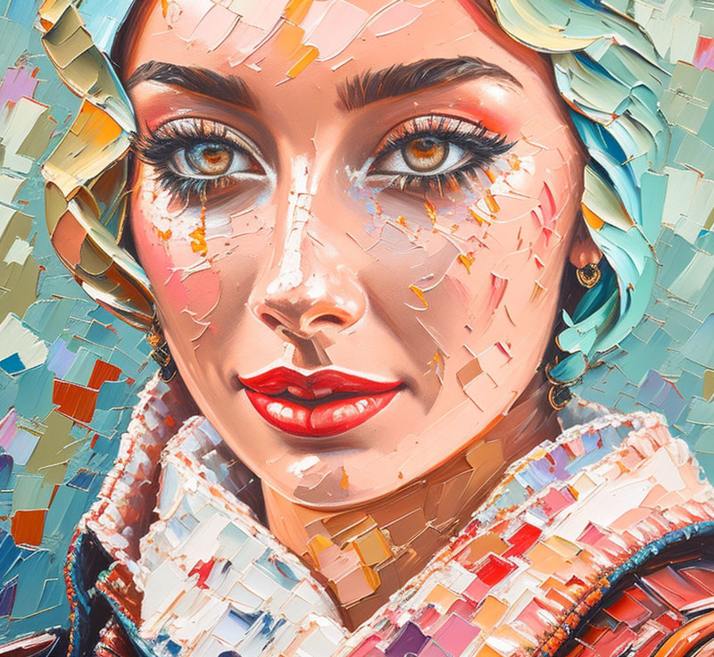 Colorful, textured painting of a woman's face with mosaic-like, abstract style