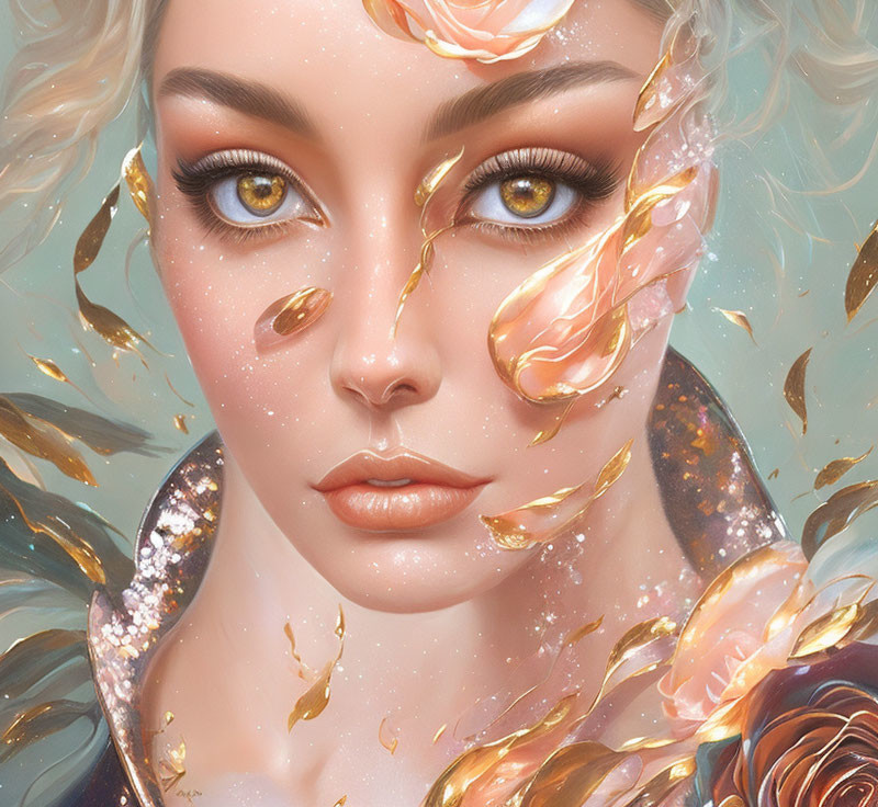 Digital portrait of woman with golden eyes, surrounded by floating petals and leaves