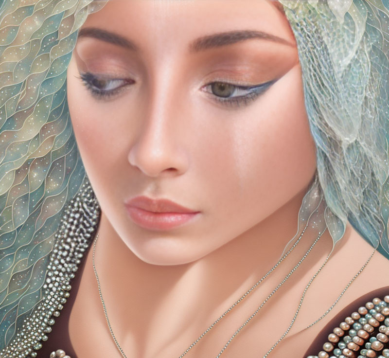 Detailed digital portrait of a woman with contemplative expression and elegant accessories
