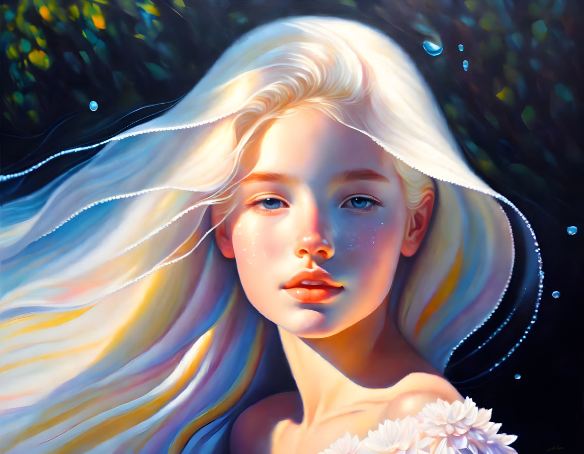 Digital painting: Young woman with blonde hair and blue eyes in ethereal setting