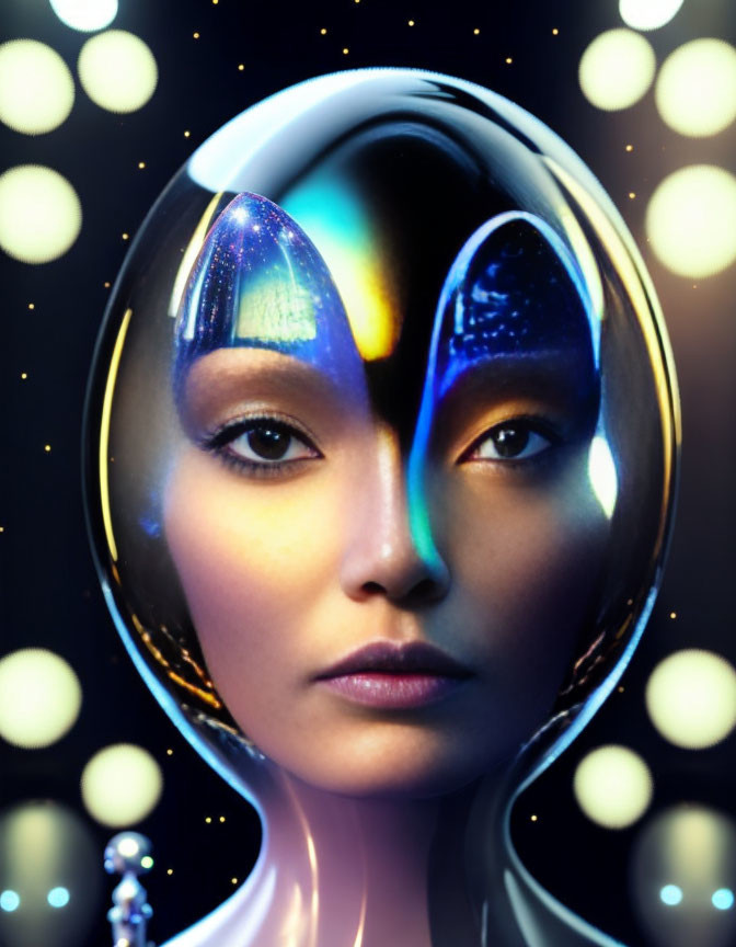Futuristic portrait of person with two-toned face against glowing orbs
