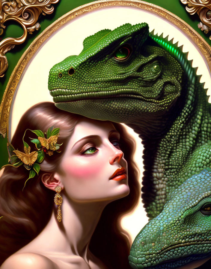 Digital artwork: Woman with lizard on head and shoulder in ornate frame