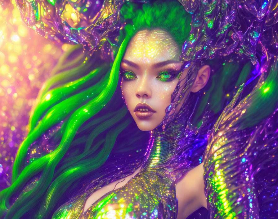 Vibrant green-skinned female figure with emerald hair on colorful backdrop