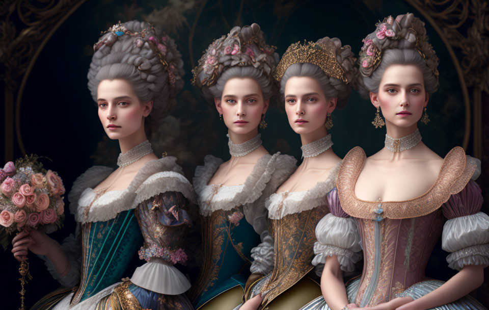 Three women in 18th-century styled dresses against dark backdrop