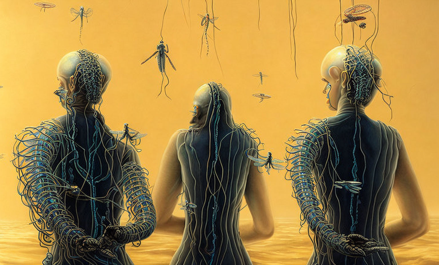 Three humanoid figures with cable-like hair on gold backdrop surrounded by tiny floating beings.