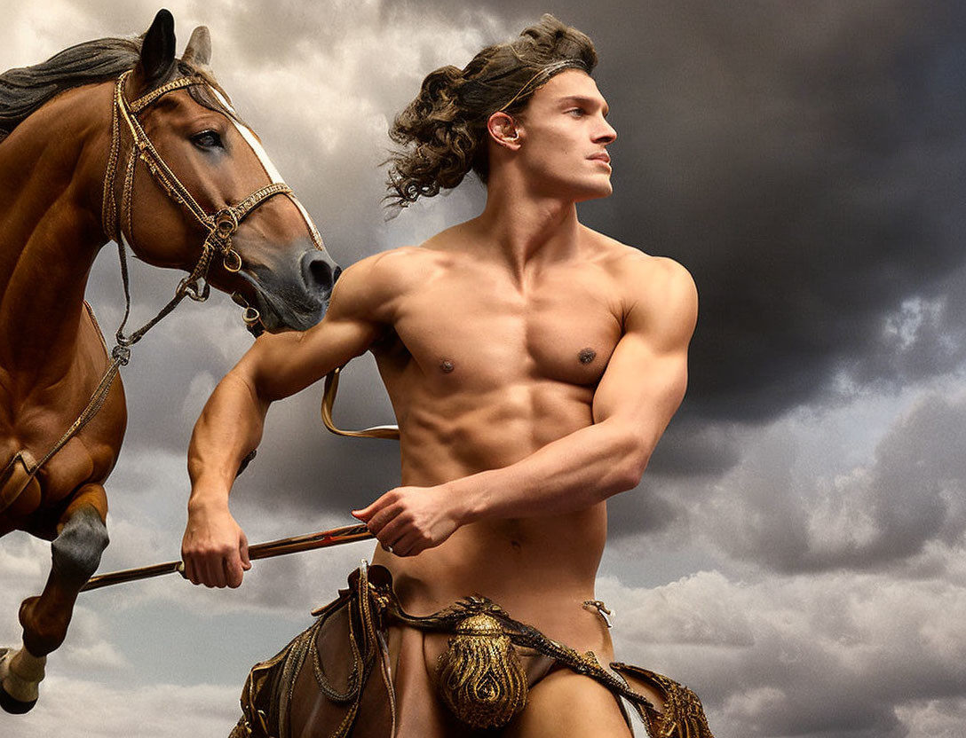 Muscular man with curly hair in golden gladiator armor holding reins of brown horse under cloudy sky