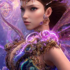Fantasy female character with blue eyes, steampunk wings, mechanical details in purple backdrop.