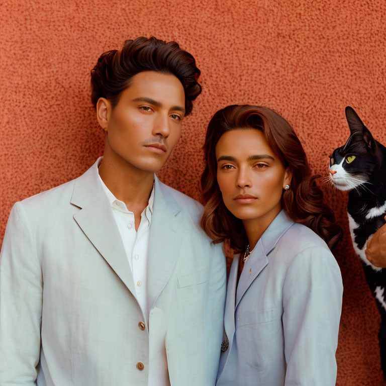 Elegantly dressed individuals in pastel suits posing with a cat against an orange wall