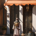 Bearded man in historical clothing with cloak and helmet by ornate building