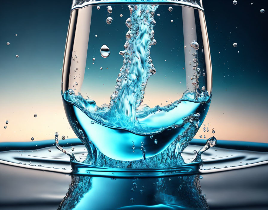Elegant water splash with bubbles in glass on soft blue backdrop