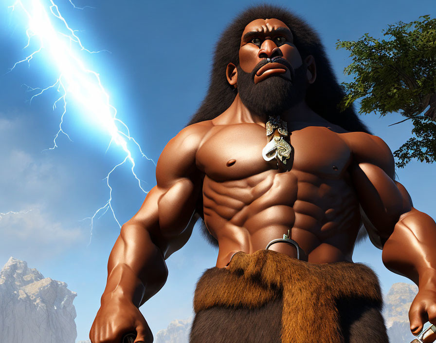 Muscle-bound character in loincloth under stormy sky