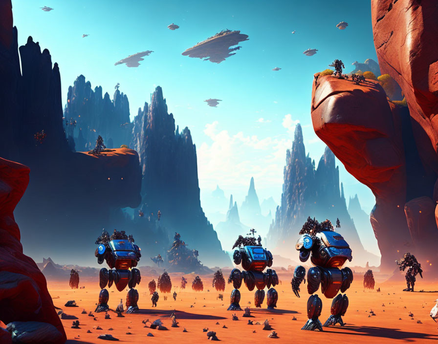Alien desert landscape with futuristic robots and floating rocks