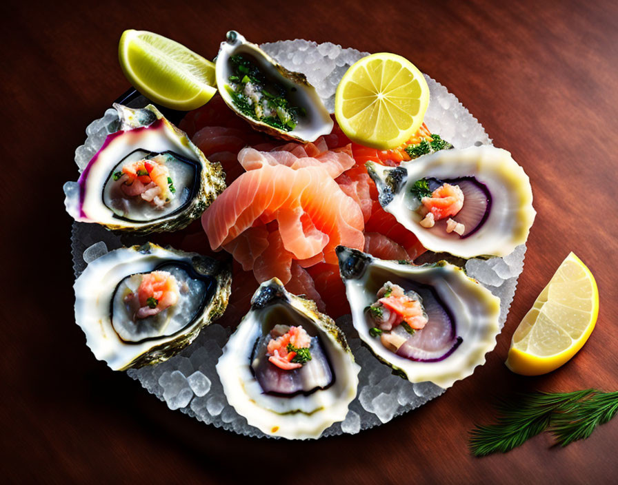 Fresh Oysters and Sashimi Platter with Lemon and Herbs on Ice