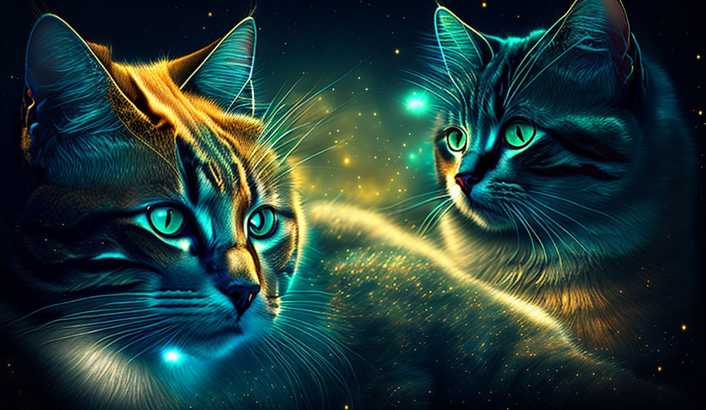 Digital Art: Two Cats with Blue Eyes in Cosmic Setting