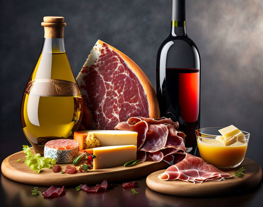 Assorted Cheeses, Cured Meats, Red and White Wine on Wooden Board