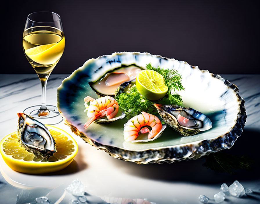 Elegant Gourmet Seafood Platter with White Wine & Lemon Slices
