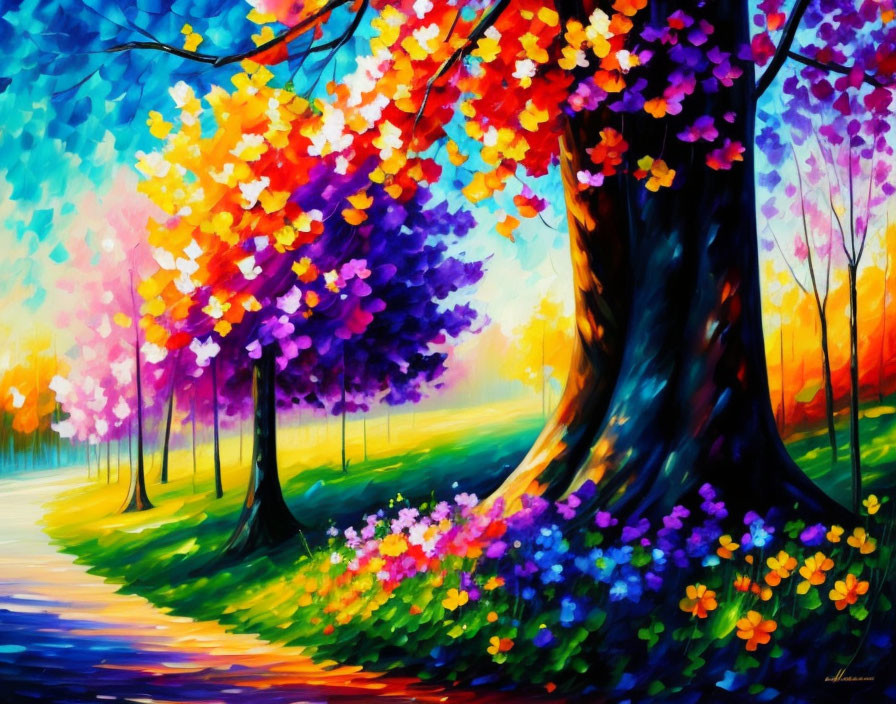 Colorful Tree-Lined Path Painting with Flowers and Shadows