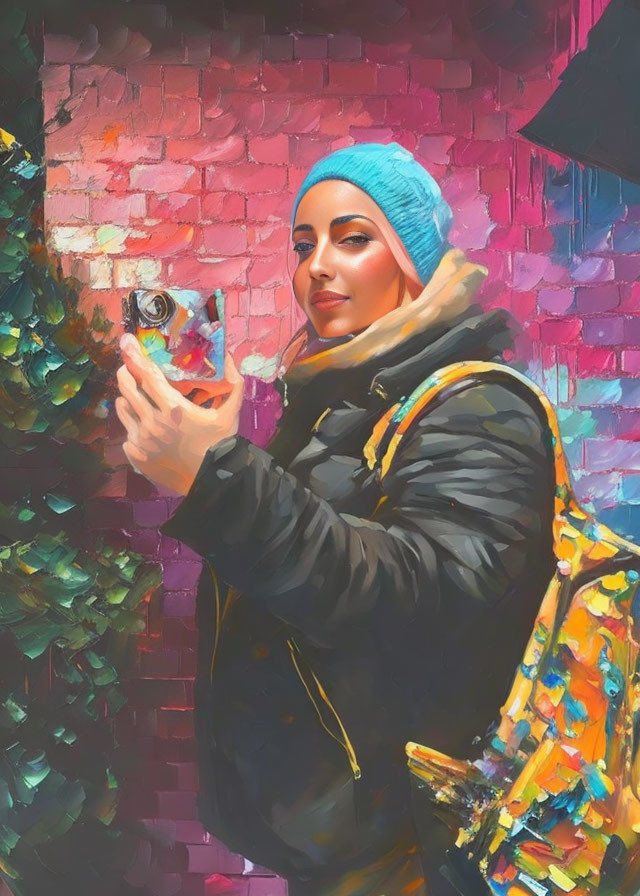 Woman in Blue Headwrap and Puffy Jacket with Vintage Camera by Graffiti Wall