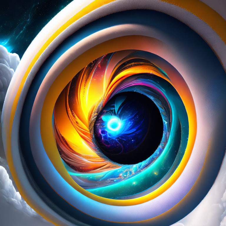 Colorful swirling vortex digital artwork with glowing cosmic elements.