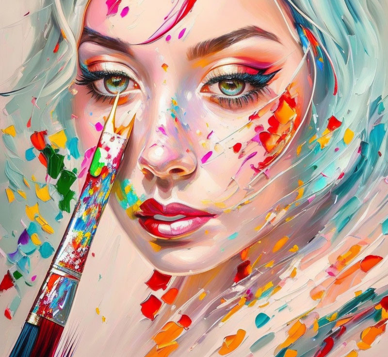 Colorful painting of woman's face with paint splashes and brush, evoking creativity.