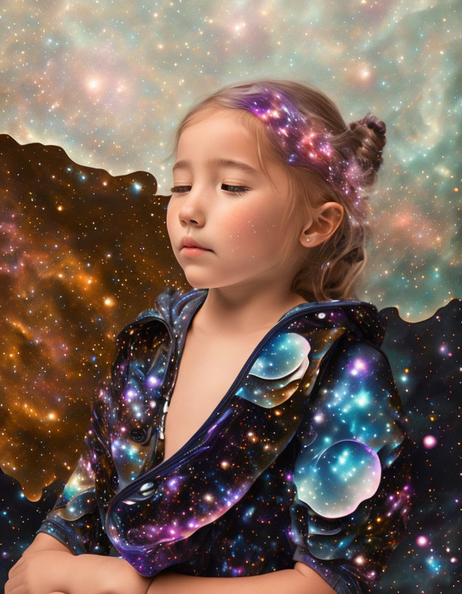 Cosmic-themed young girl against starry nebula background