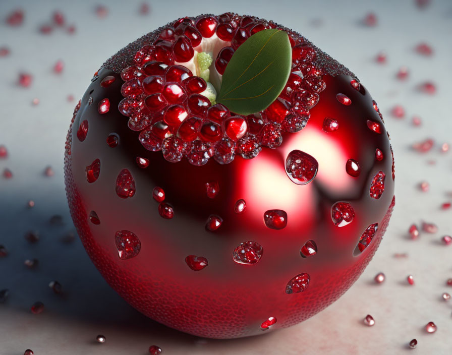 Hyper-realistic shiny red pomegranate with water droplets, green leaf, and scattered seeds