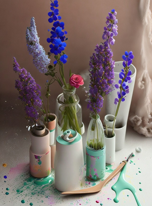 Colorful Flowers in Vases with Paint Splashes on Artistic Backdrop