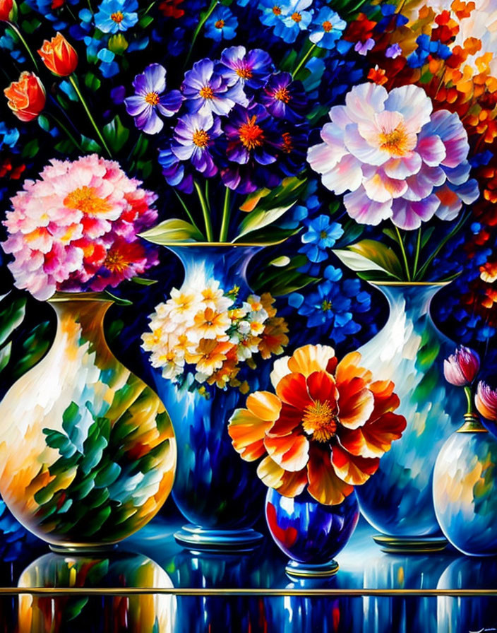 Colorful Flower Bouquets in Blue Vases Against Dark Background
