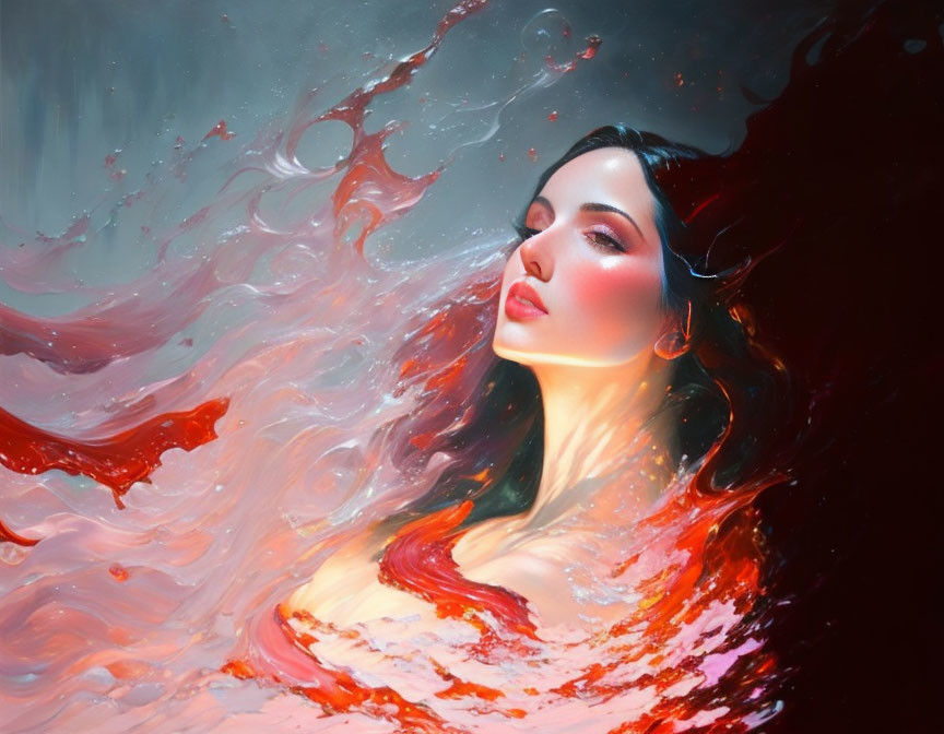 Woman appearing from colorful liquid oil paint