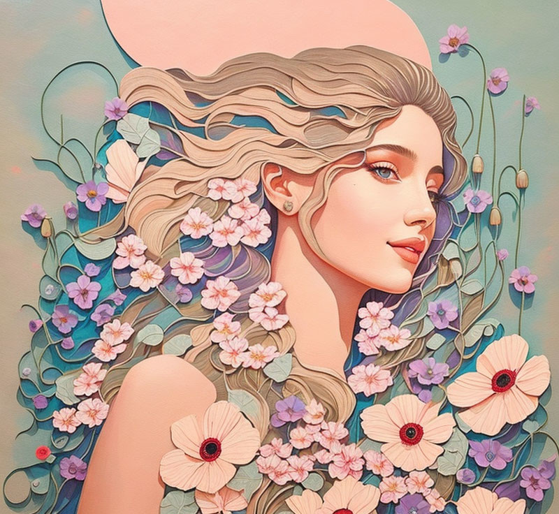 Woman with Flowing Hair and Colorful Flowers on Pastel Background