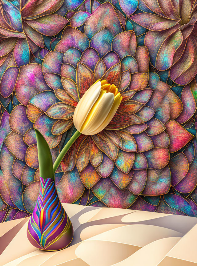 Yellow tulip in colorful vase on multicolored leaf background