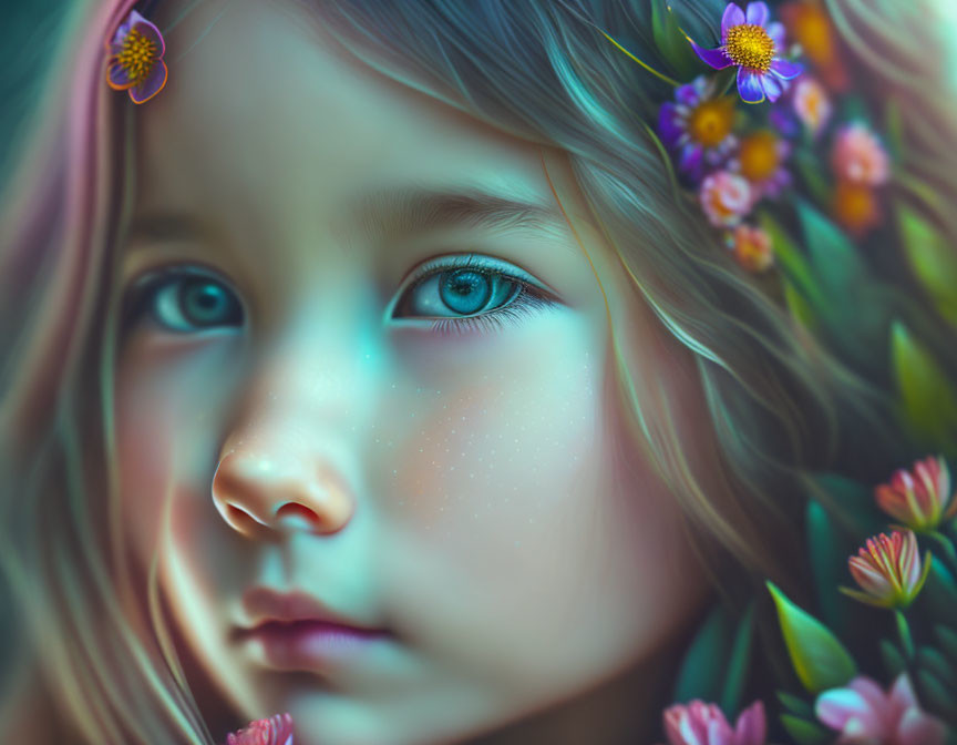 Young girl with large blue eyes and floral hair adornment in dreamy close-up.