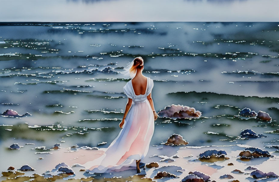 Woman in flowing white dress gazes at sea under gradient sky