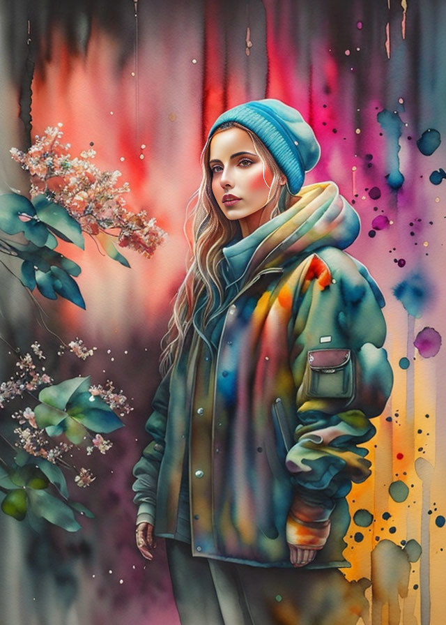 Vibrant woman in beanie and jacket with abstract floral elements