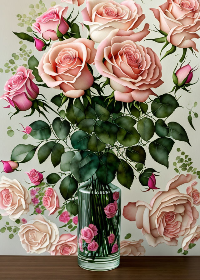 Pink Roses Bouquet in Clear Glass Vase on Light Background