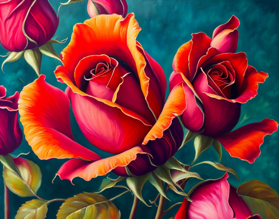 Vibrant red-orange roses on dark teal background