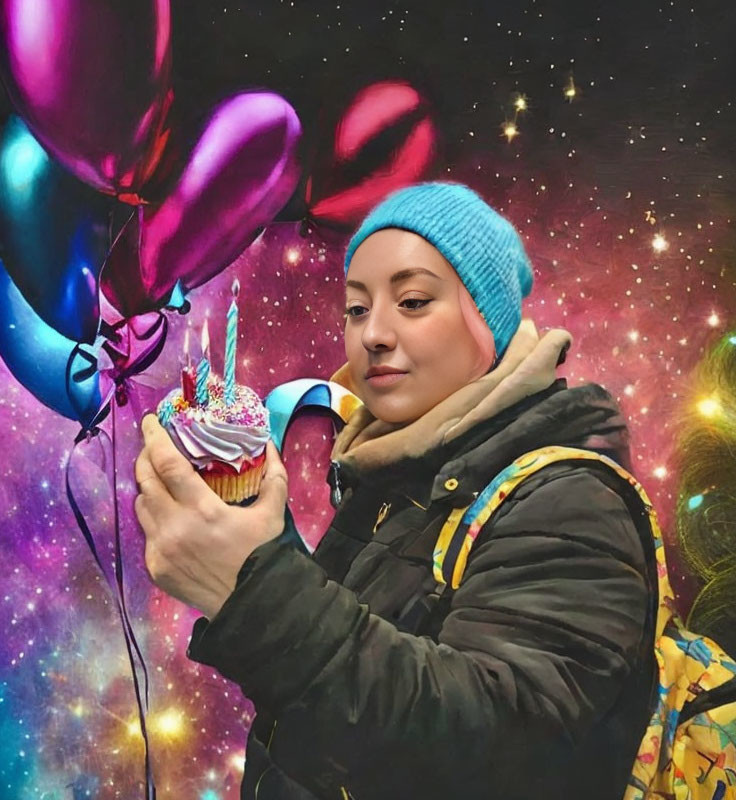 Person holding cupcake with candle in starry backdrop surrounded by balloons