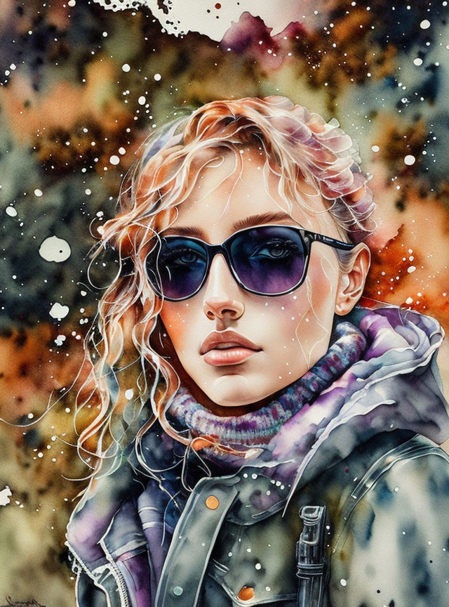 Stylized portrait of a person with curly hair and sunglasses in vibrant autumn hues.
