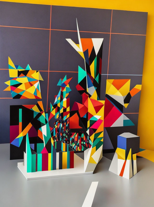 Vibrant geometric paper sculptures on gray table with purple and orange grid background