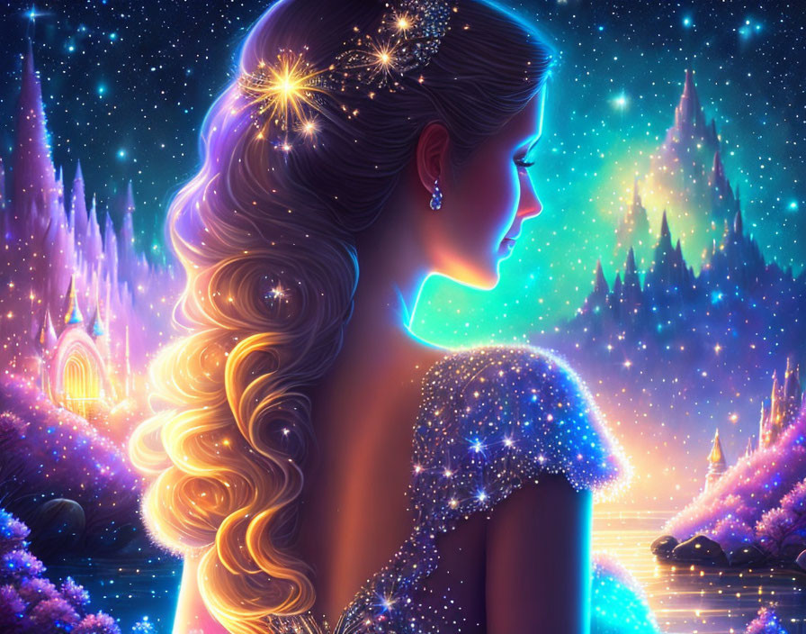 Woman with Luminous Hair Gazing at Fantasy Landscape