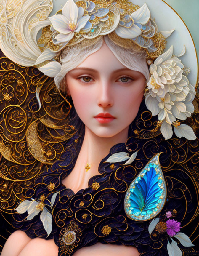 Detailed Illustration of Female Figure with Golden Headpiece and Blue Butterfly