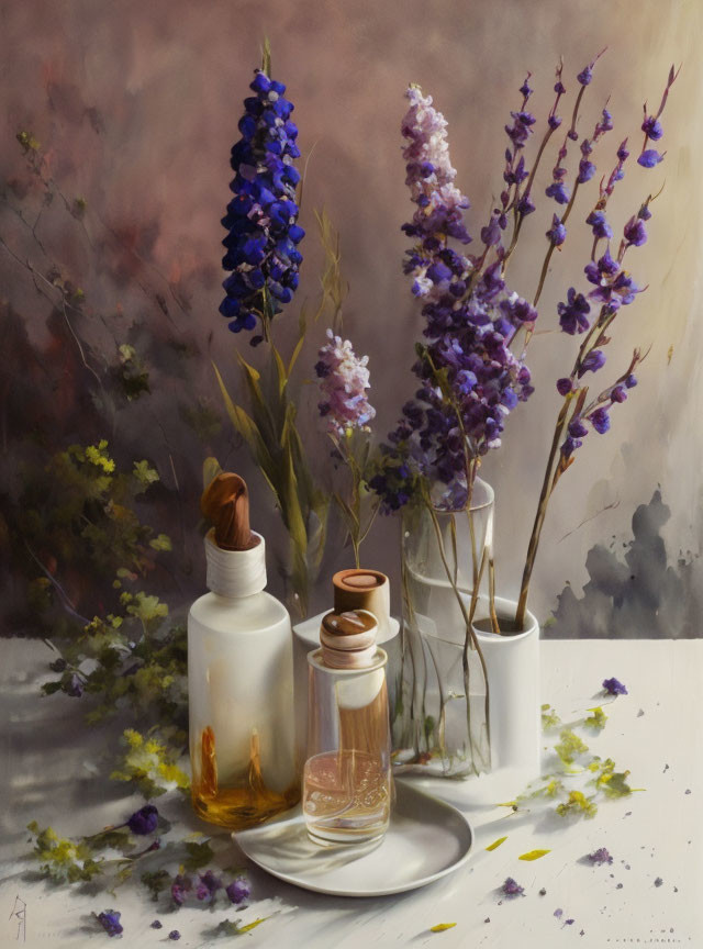 Still Life Painting: Lavender Flowers, White Vases, Bottles on Plate