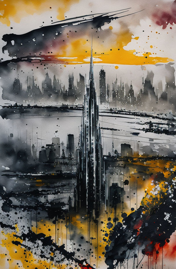 Cityscape watercolor painting with black, yellow, and red splashes